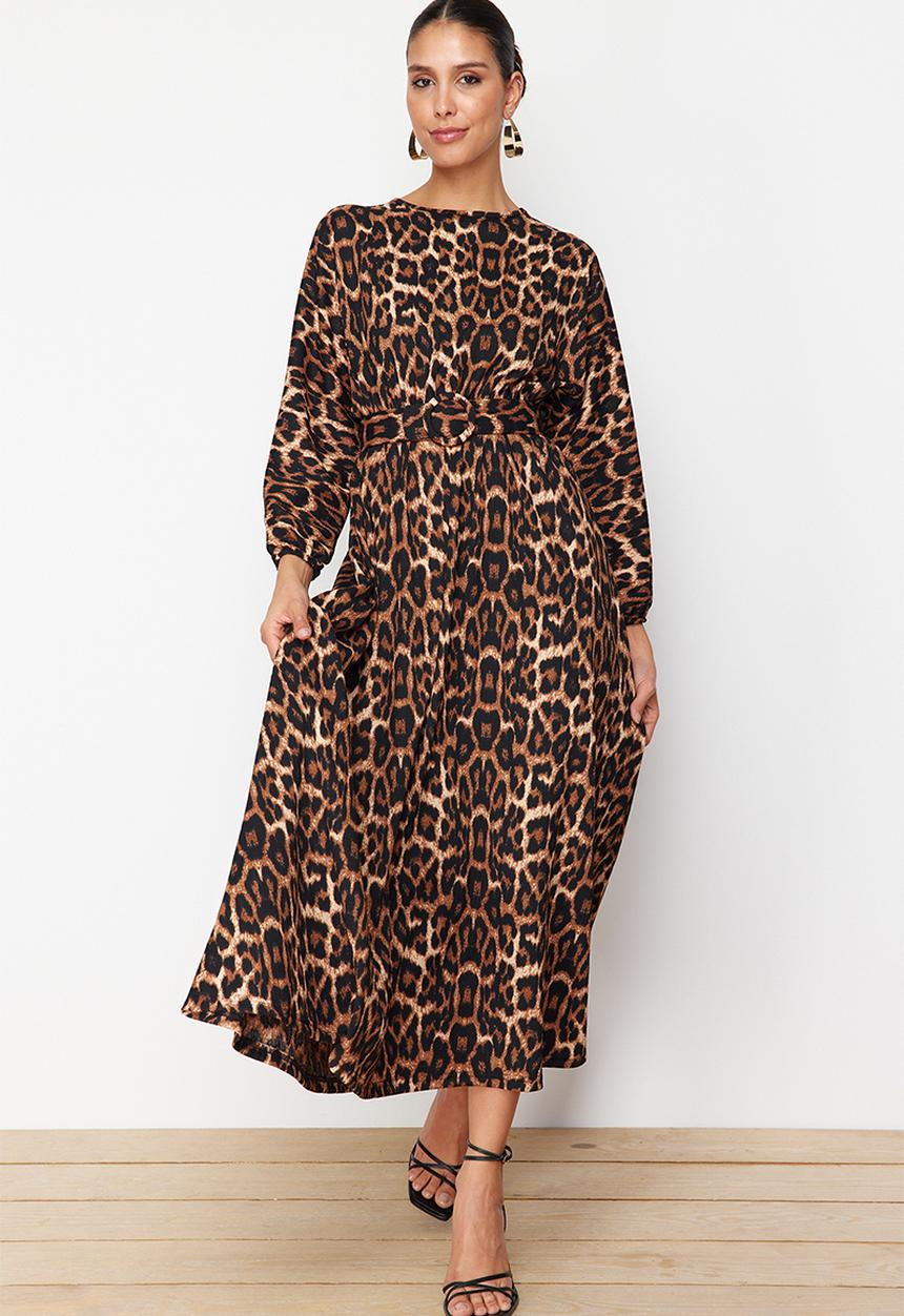 Trendyol - Leopard Patterned Belt Detailed Woven Dress - Brown 