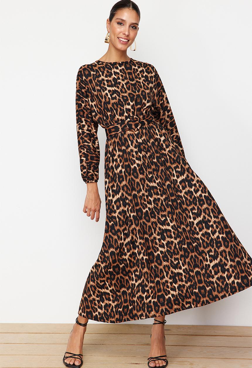 Trendyol - Leopard Patterned Belt Detailed Woven Dress - Brown 