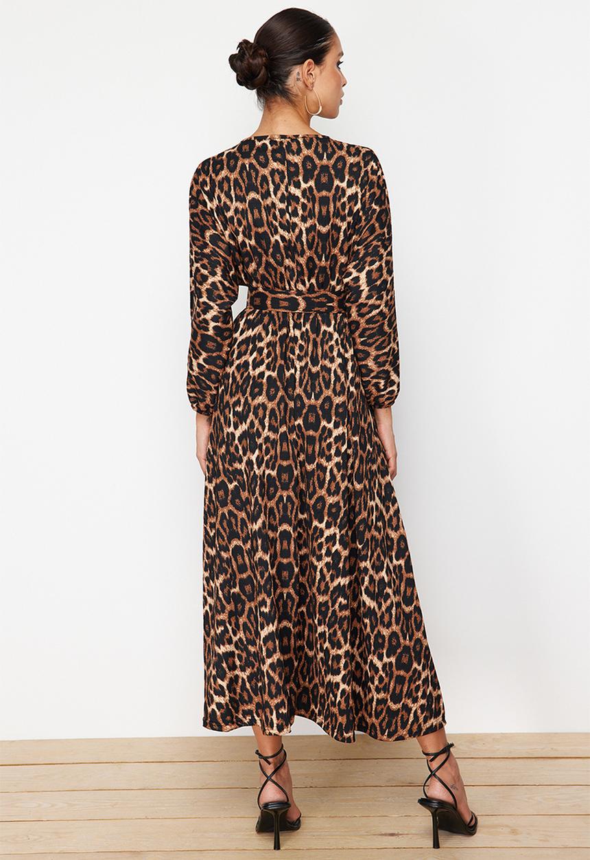 Trendyol - Leopard Patterned Belt Detailed Woven Dress - Brown 