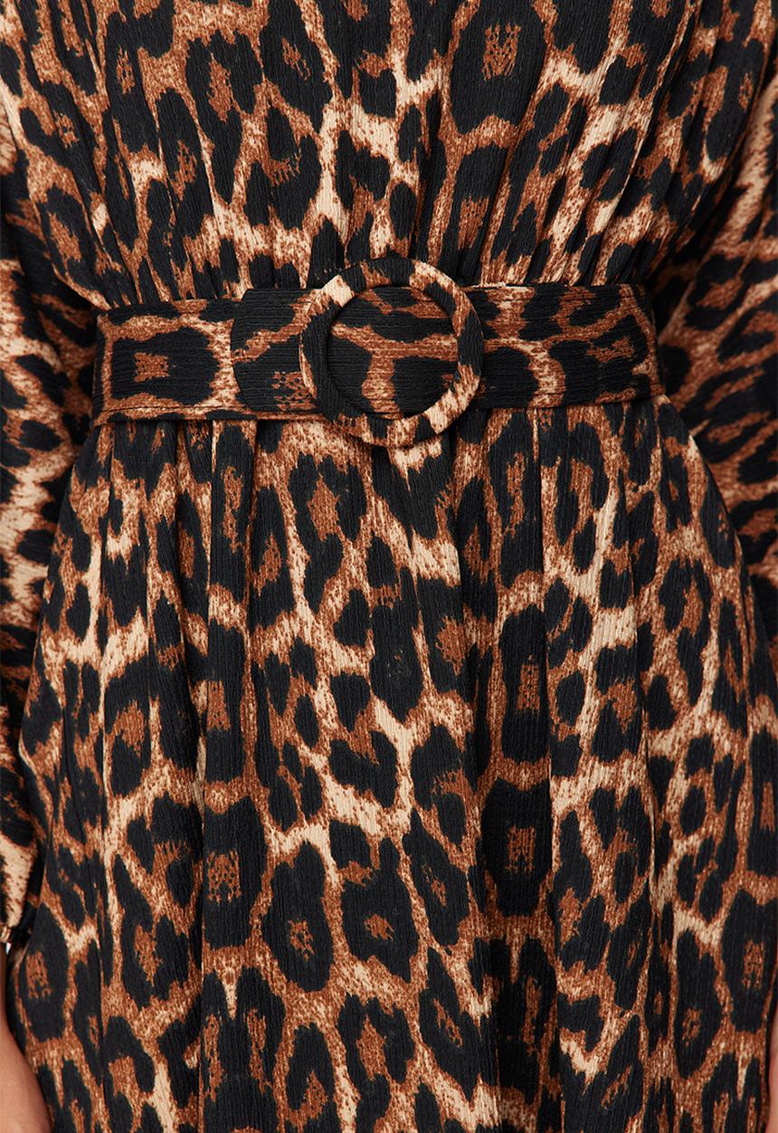 Trendyol - Leopard Patterned Belt Detailed Woven Dress - Brown 