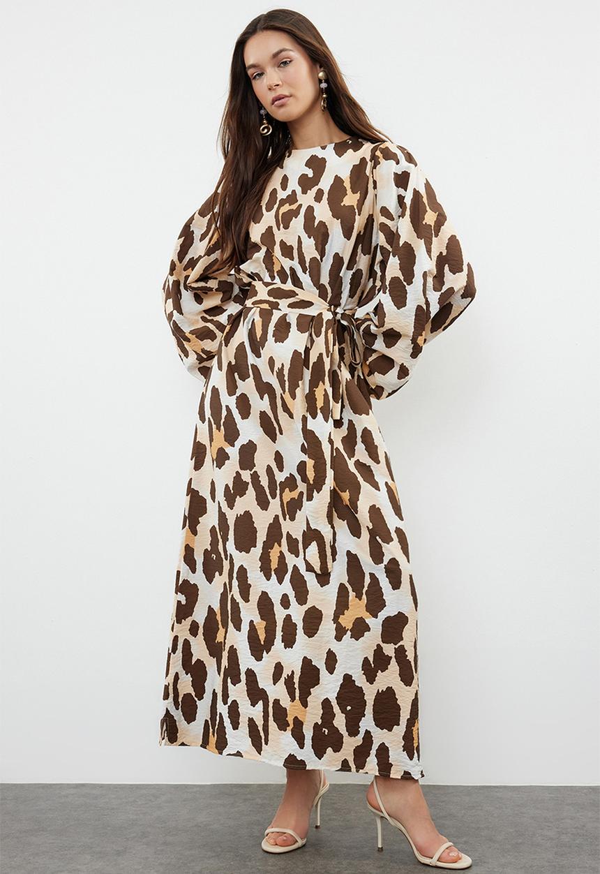 Trendyol - Leopard Sleeve Woven Dress - Brown 