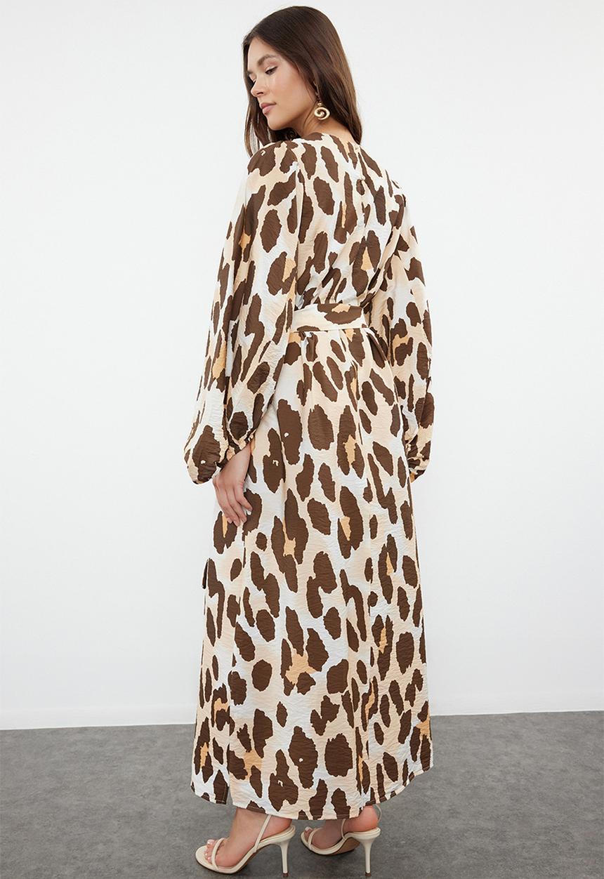 Trendyol - Leopard Sleeve Woven Dress - Brown 