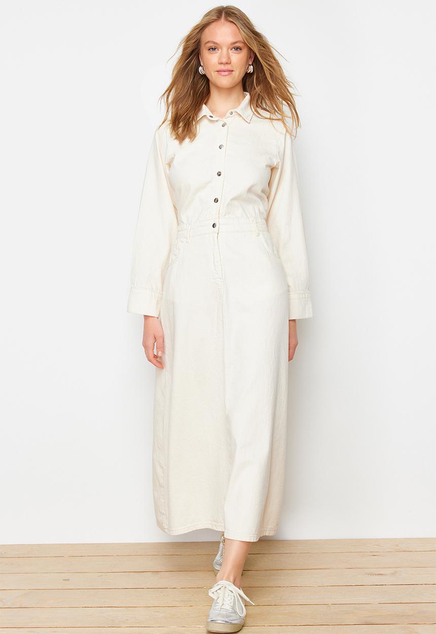 Trendyol - Plain Shirt Maxi Denim Dress - Ecru 