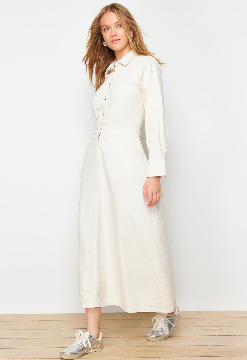 Trendyol - Plain Shirt Maxi Denim Dress - Ecru 