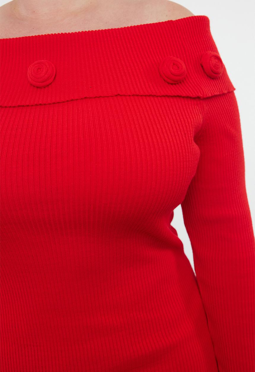 Trendyol - Ribbed carmen collar rose detailed knitwear dress - red 