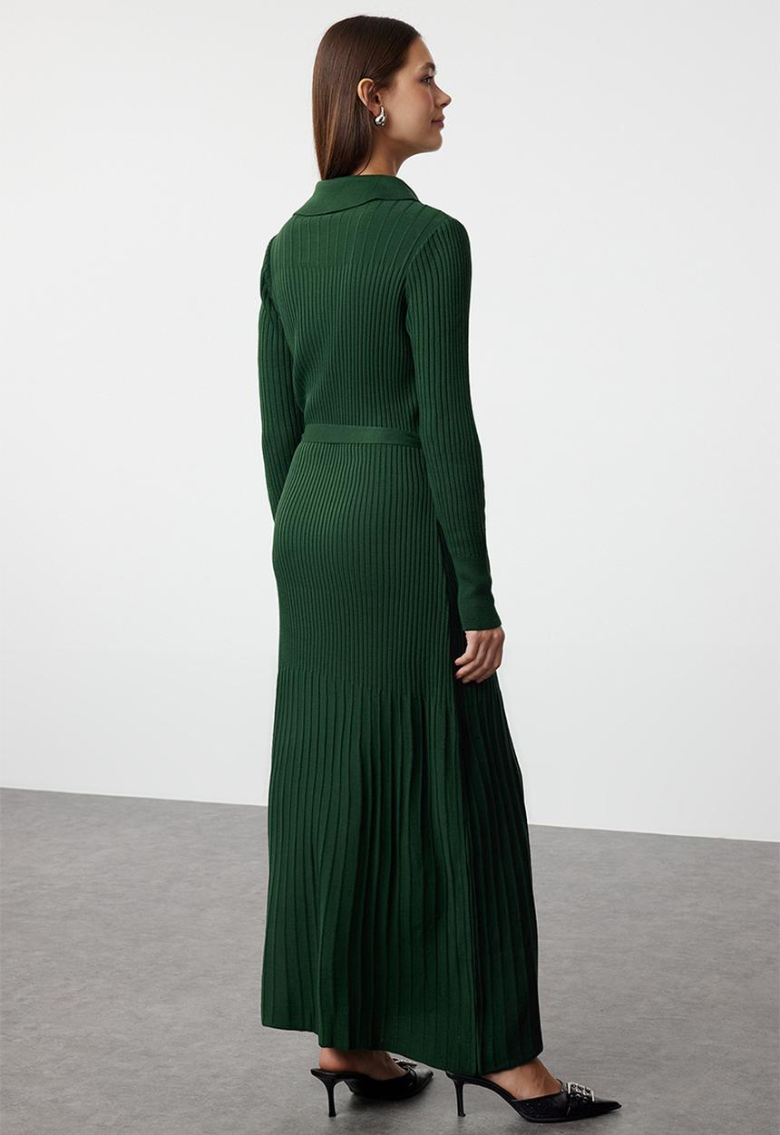 Trendyol - Belted Polo Neck Ribbed Knit Dress - Dark Green 