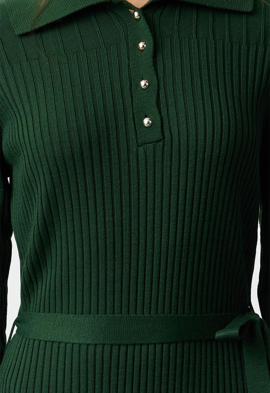 Trendyol - Belted Polo Neck Ribbed Knit Dress - Dark Green 