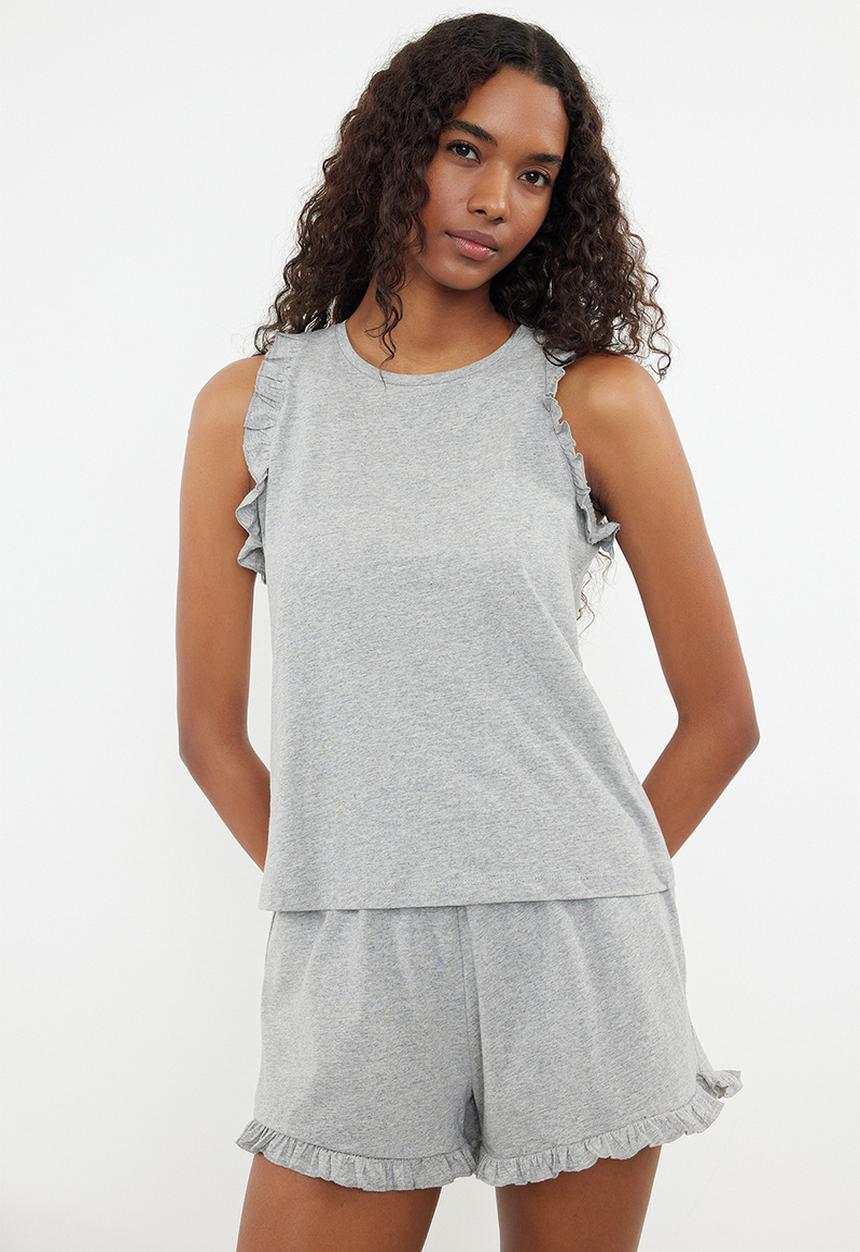Trendyol - Cotton Knitted Pajama Set - Grey 