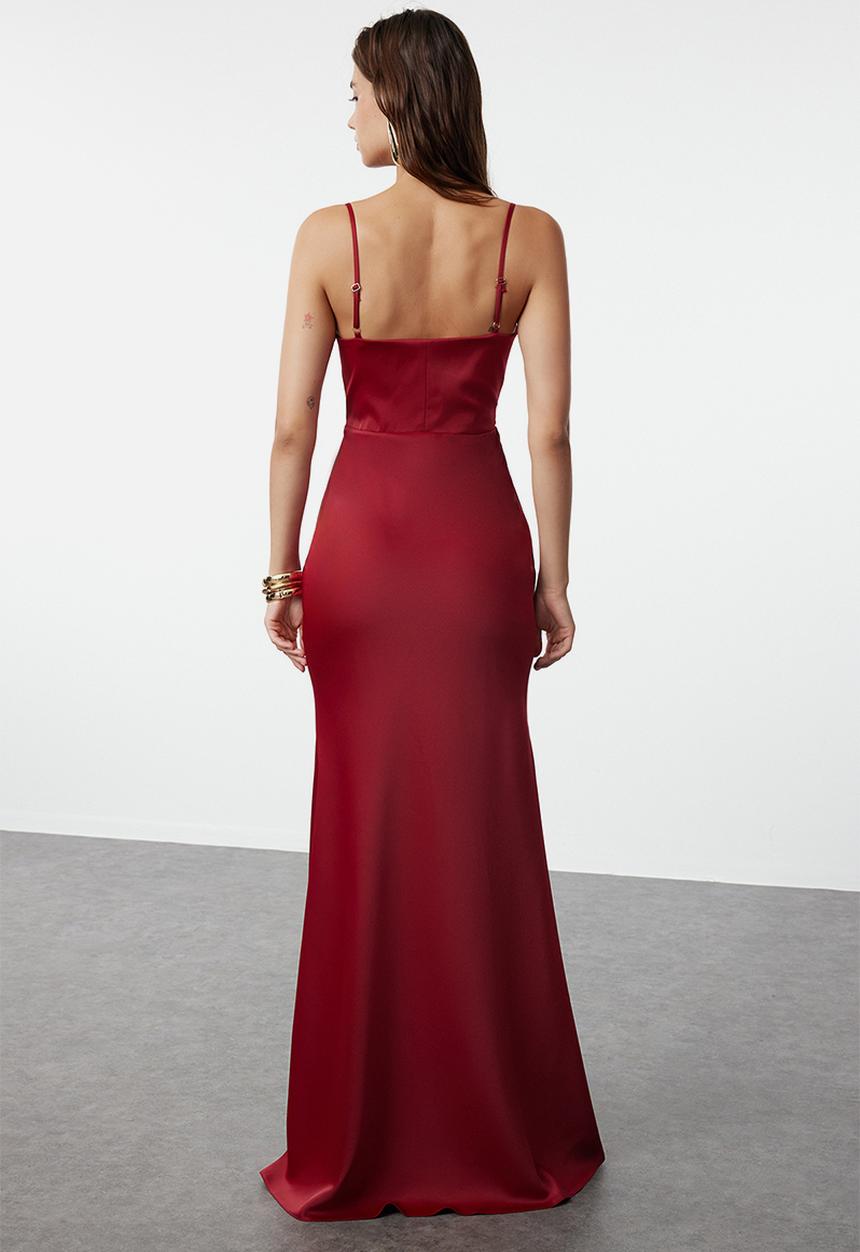 Trendyol - Fish Cut Evening Dress - Burgundy 