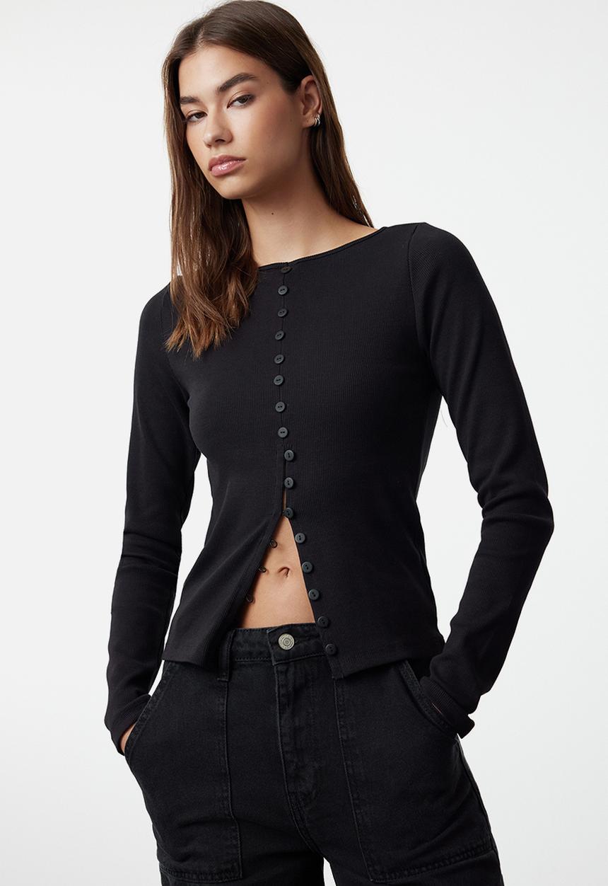 Trendyol - Button detailed crew neck ribbed flexible knitwear- black 