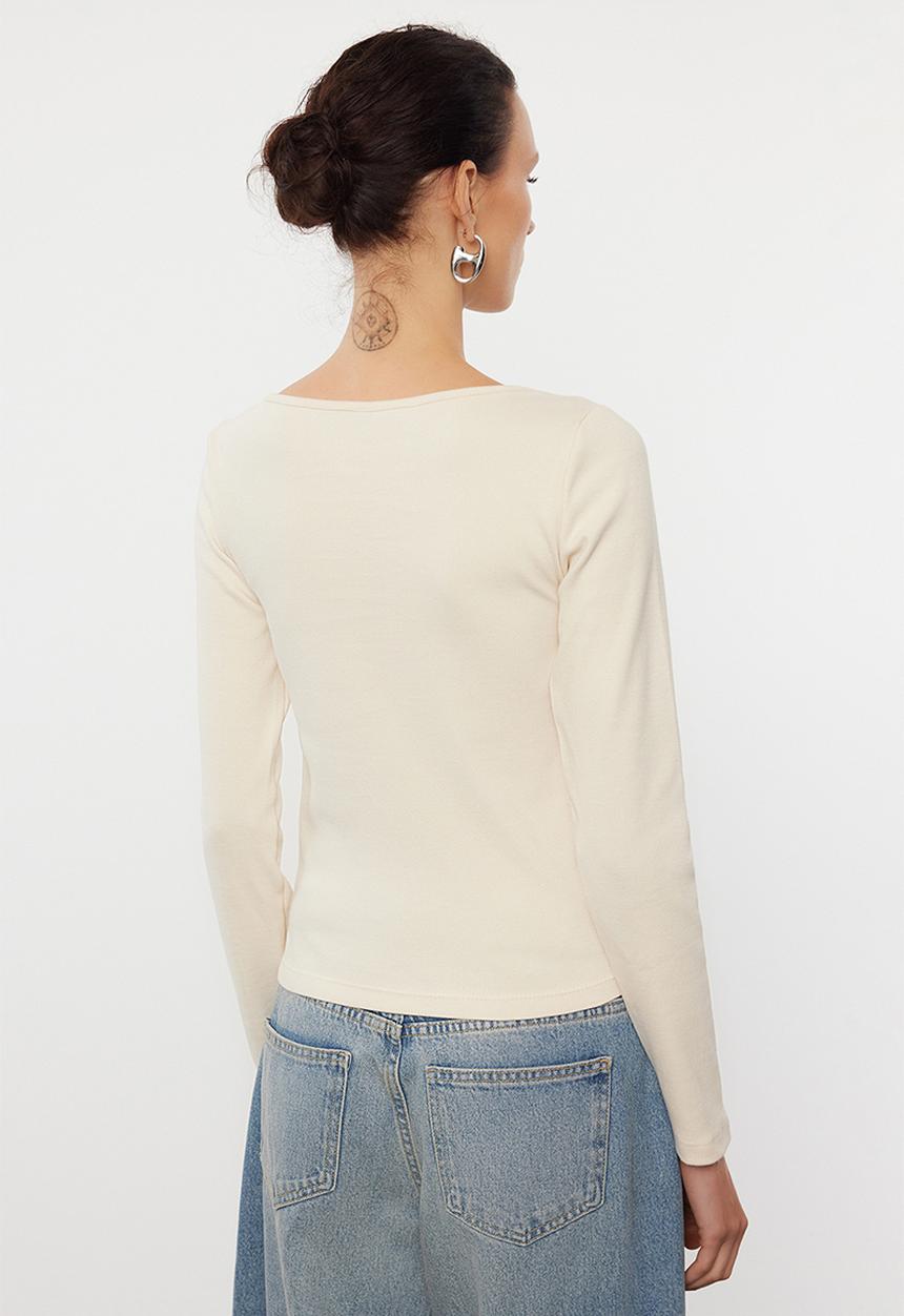 Trendyol - Button detailed crew neck ribbed flexible knitwear - stone  
