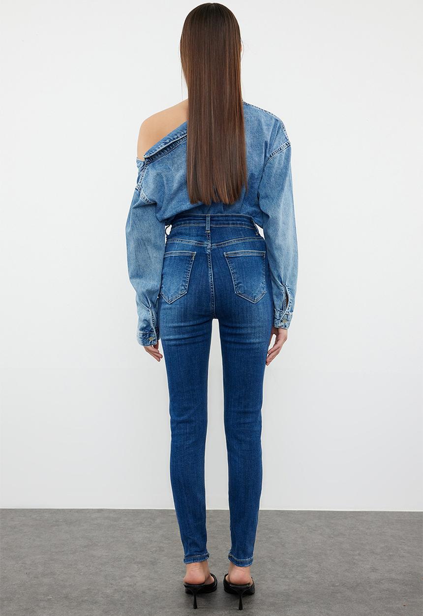 Trendyol - Premium High Waist Skinny Jeans - Dark Blue 