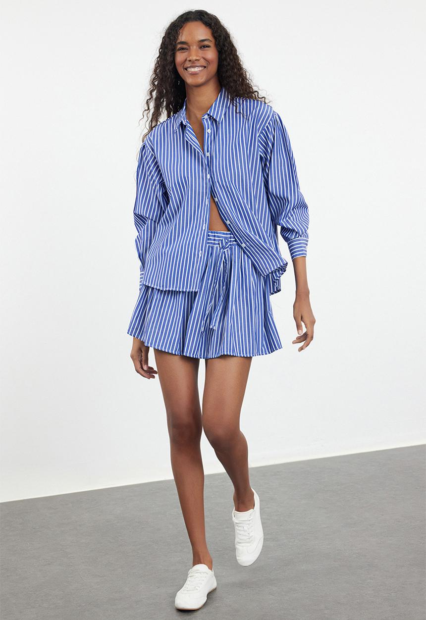 Trendyol - Elastic Waist Corded Striped Mini Length Woven Skirt - Blue 