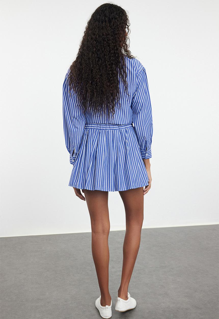 Trendyol - Elastic Waist Corded Striped Mini Length Woven Skirt - Blue 