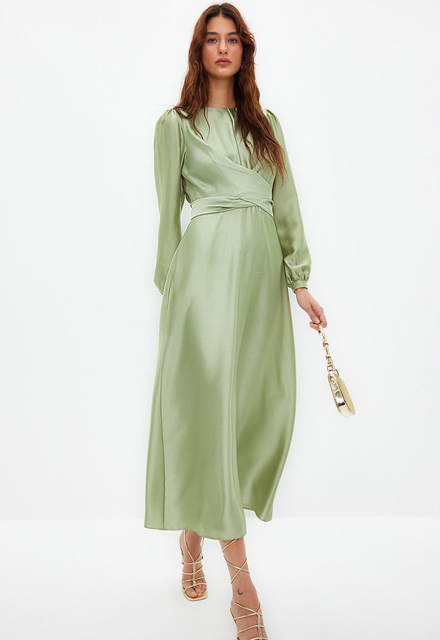 Trendyol - Cross Tie Detailed Satin Look Evening Dress - Light Green 