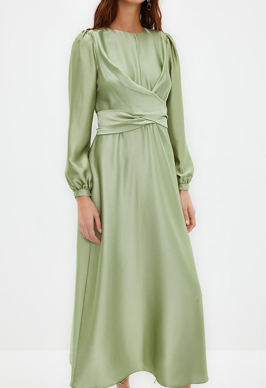Trendyol - Cross Tie Detailed Satin Look Evening Dress - Light Green 