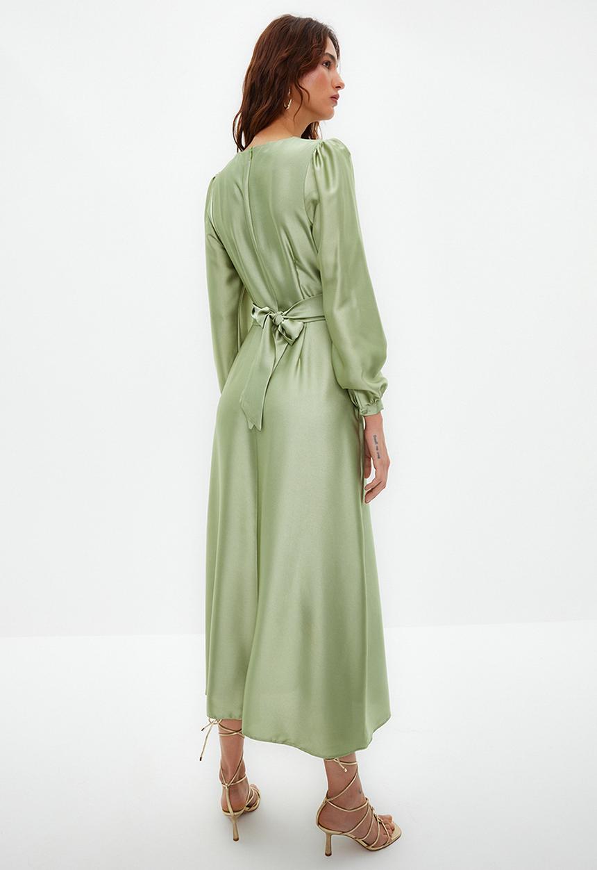 Trendyol - Cross Tie Detailed Satin Look Evening Dress - Light Green 