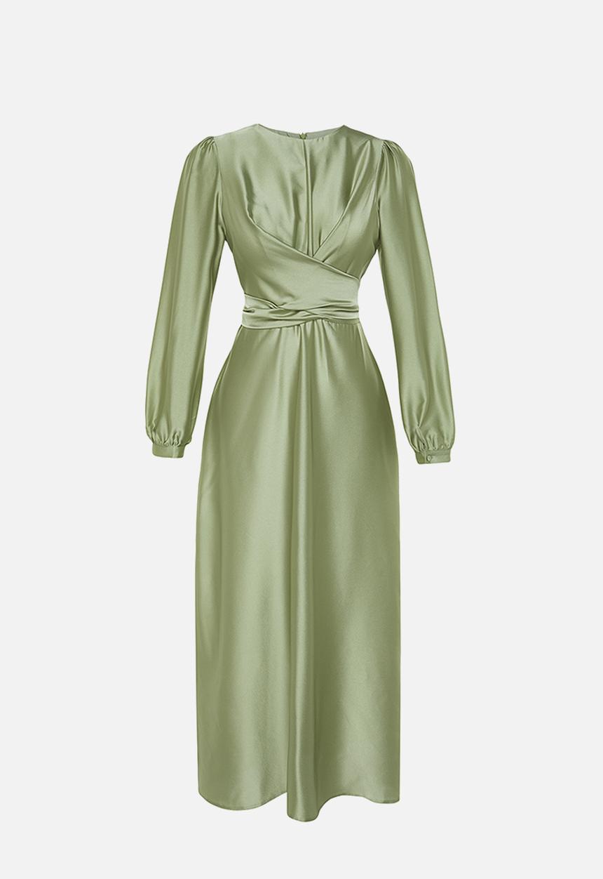 Trendyol - Cross Tie Detailed Satin Look Evening Dress - Light Green 