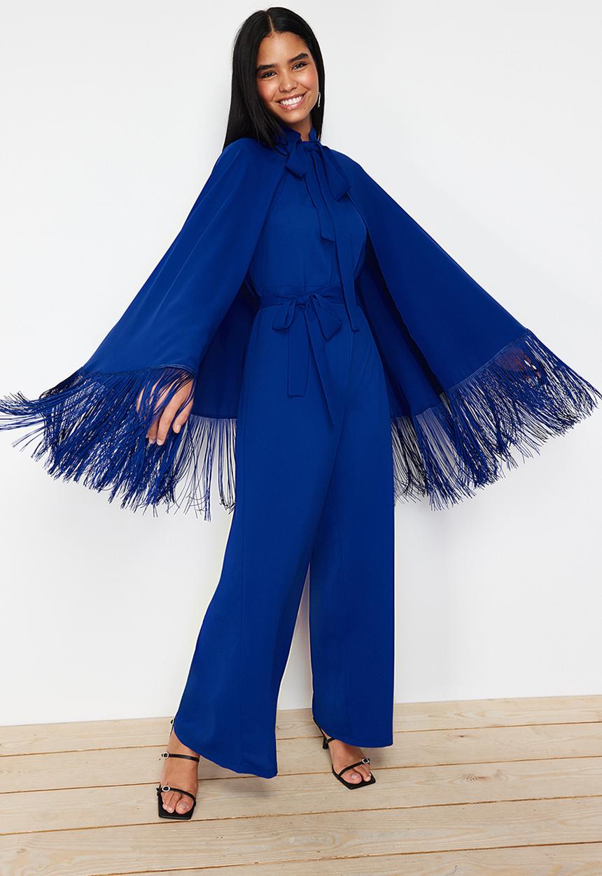 Trendyol - Tasseled Jumpsuit-Cape Evening Dress - Navy Blue 