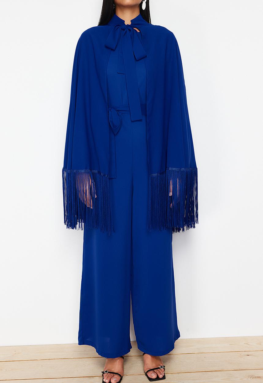 Trendyol - Tasseled Jumpsuit-Cape Evening Dress - Navy Blue 