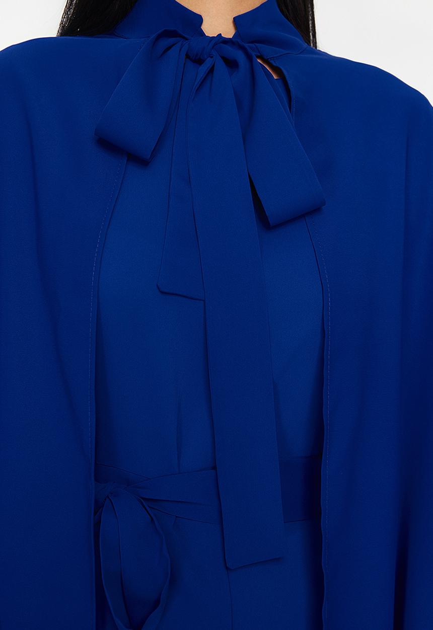 Trendyol - Tasseled Jumpsuit-Cape Evening Dress - Navy Blue 