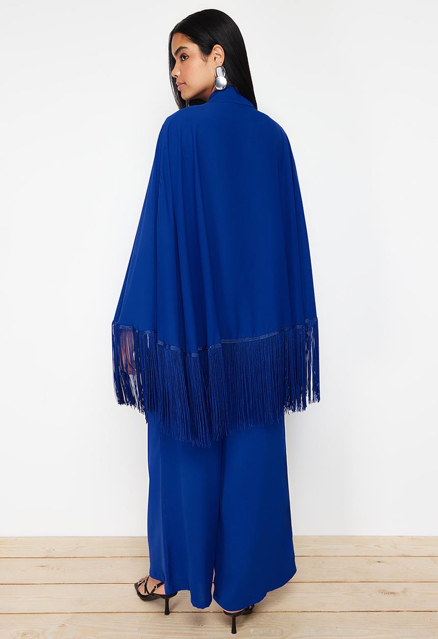 Trendyol - Tasseled Jumpsuit-Cape Evening Dress - Navy Blue 