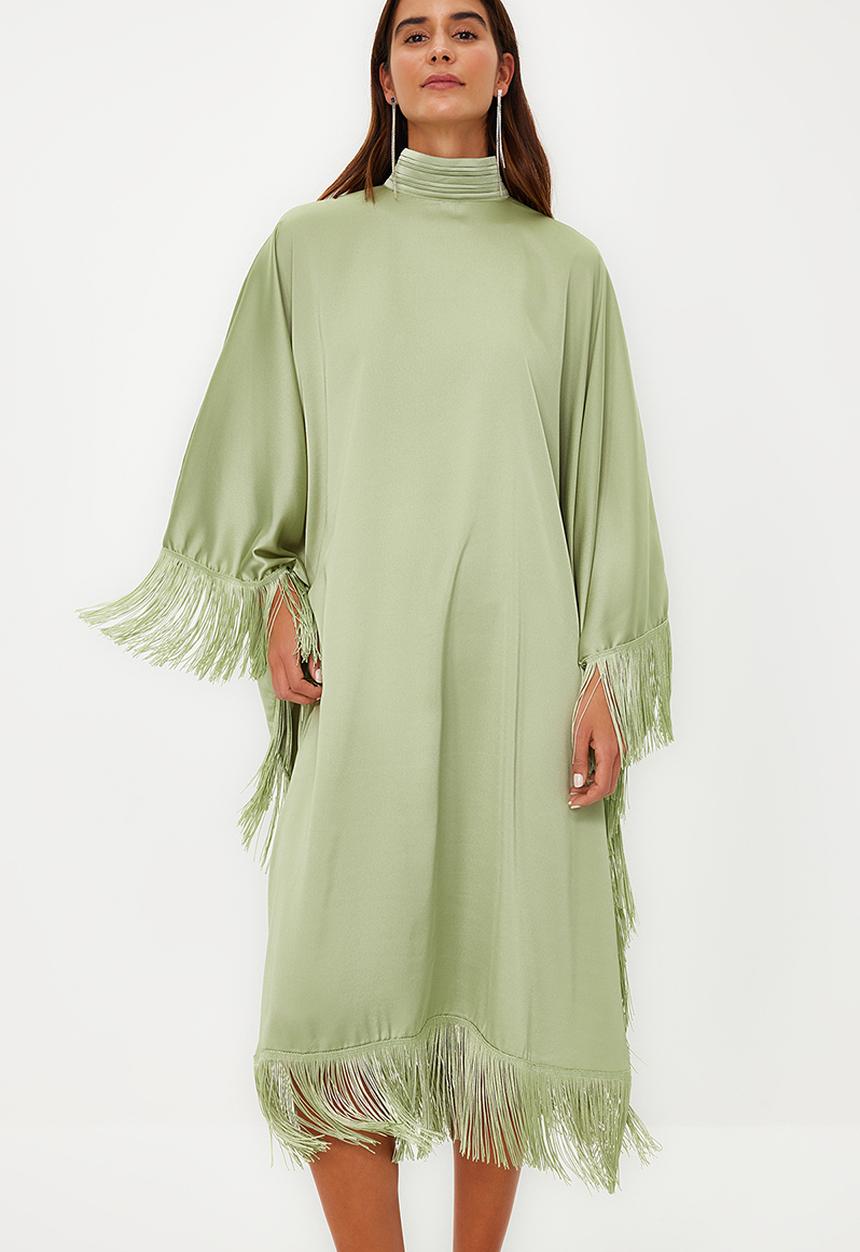 Trendyol - Tassel Detailed Satin Kaftan Evening Dress - Khaki 