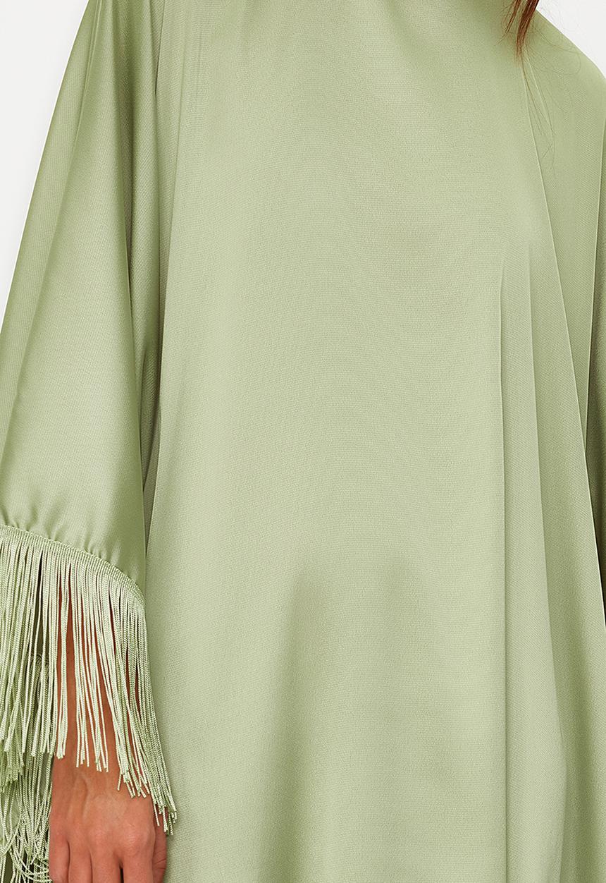 Trendyol - Tassel Detailed Satin Kaftan Evening Dress - Khaki 