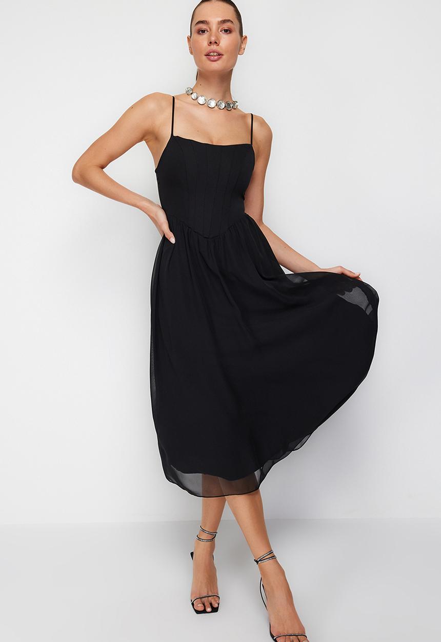 Trendyol - A-Line Lined Corset Detailed Woven Tulle Elegant Evening Dress -Black 