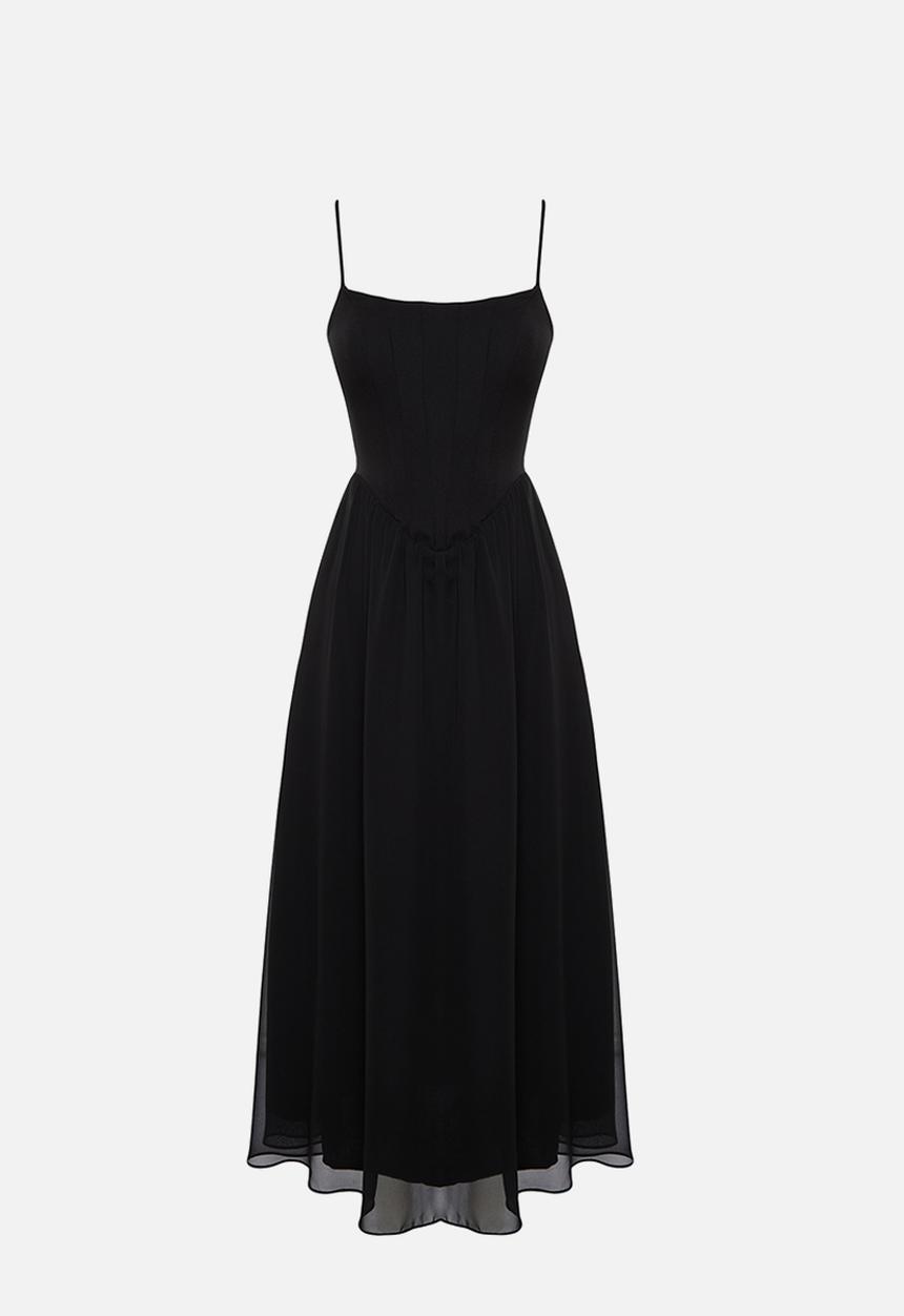 Trendyol - A-Line Lined Corset Detailed Woven Tulle Elegant Evening Dress -Black 