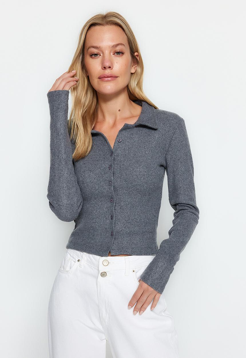Trendyol - Button Detailed Fitted Ribbed Flexible Knitted Blouse - Anthracite