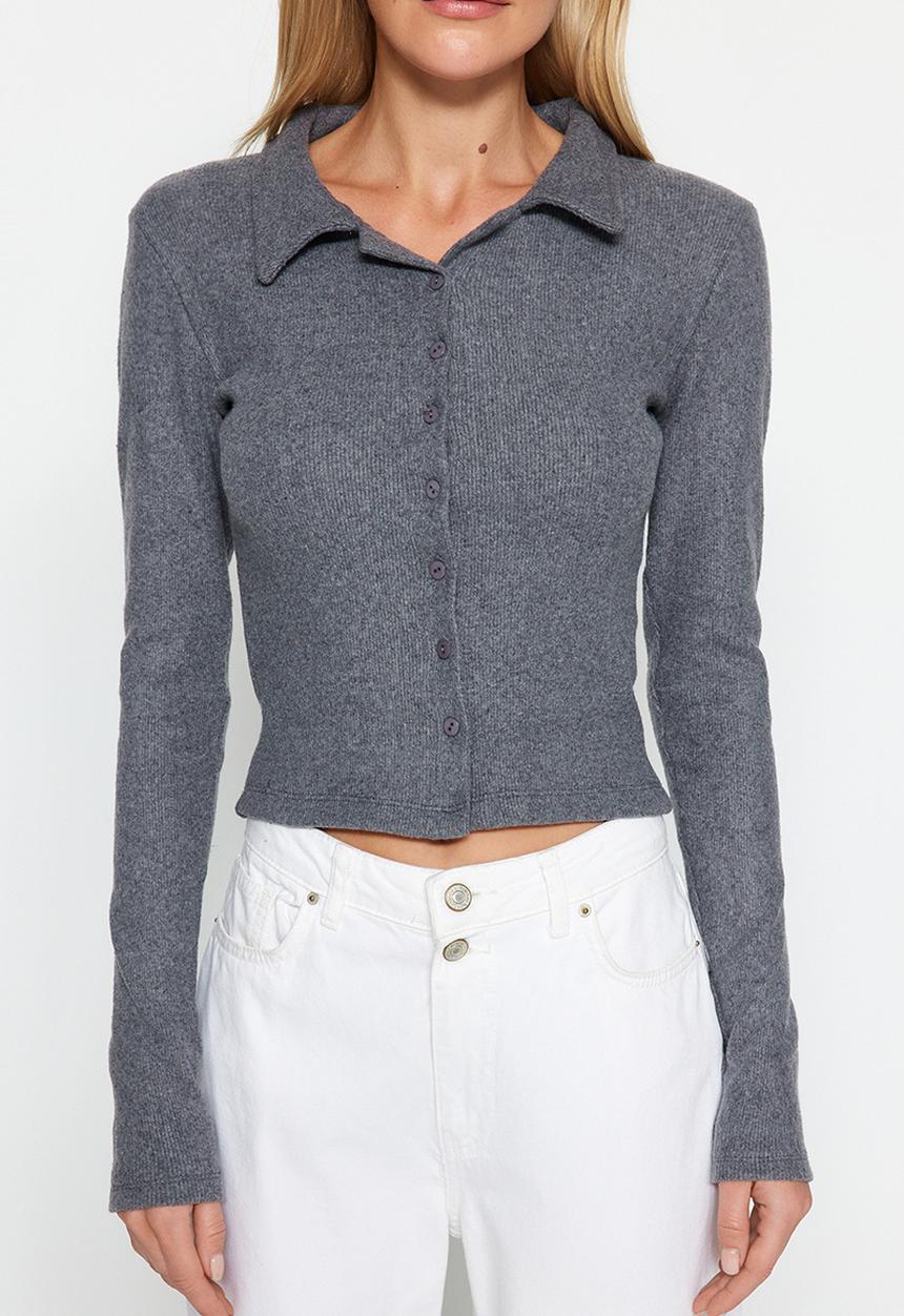 Trendyol - Button Detailed Fitted Ribbed Flexible Knitted Blouse - Anthracite
