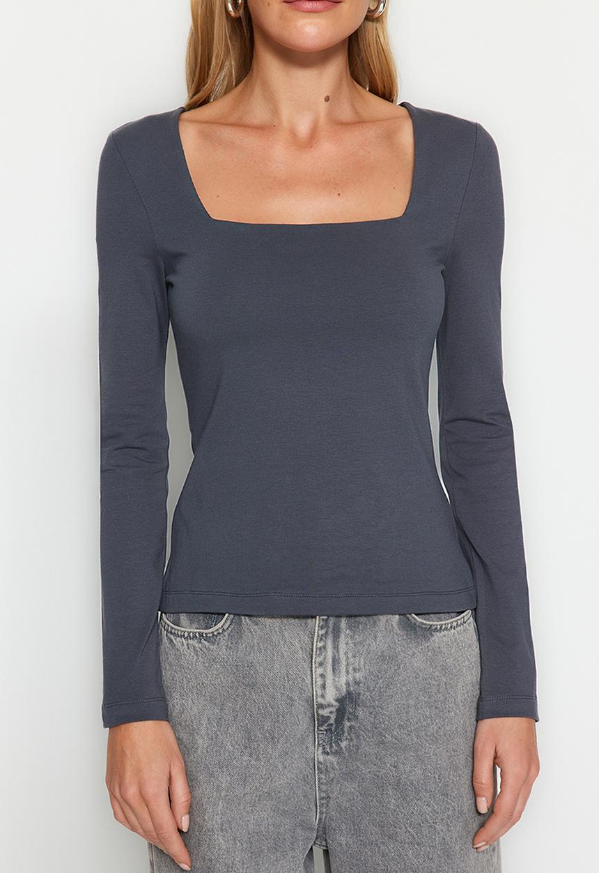 Trendyol - Square neck rib top - grey