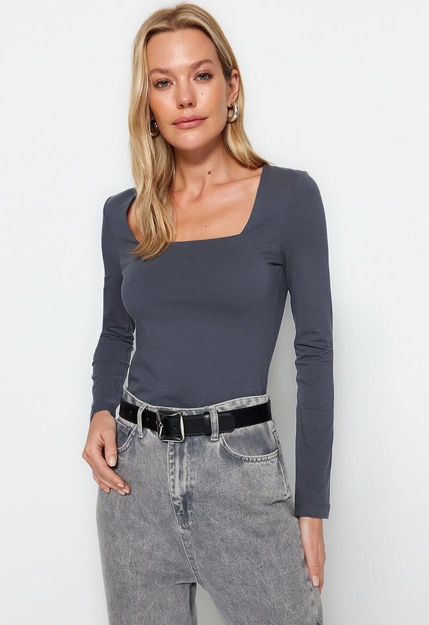 Trendyol - Square neck rib top - grey