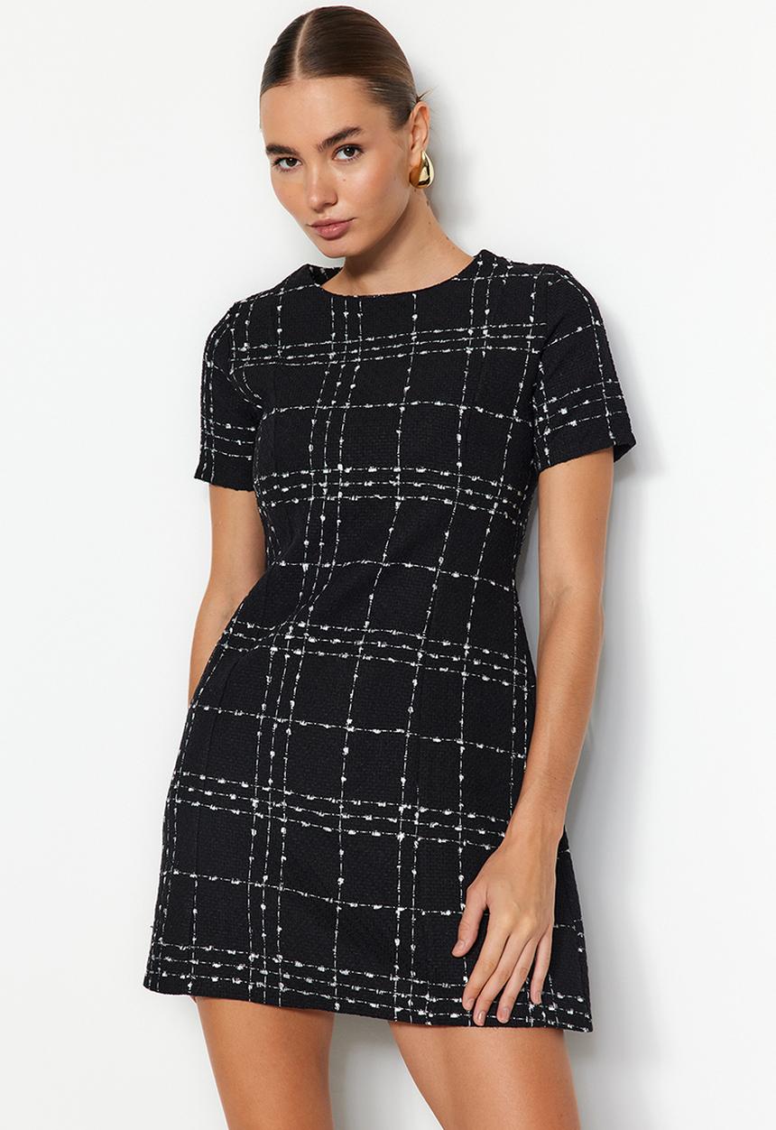 Straight-Cut Mini Tweed Dress - Black
