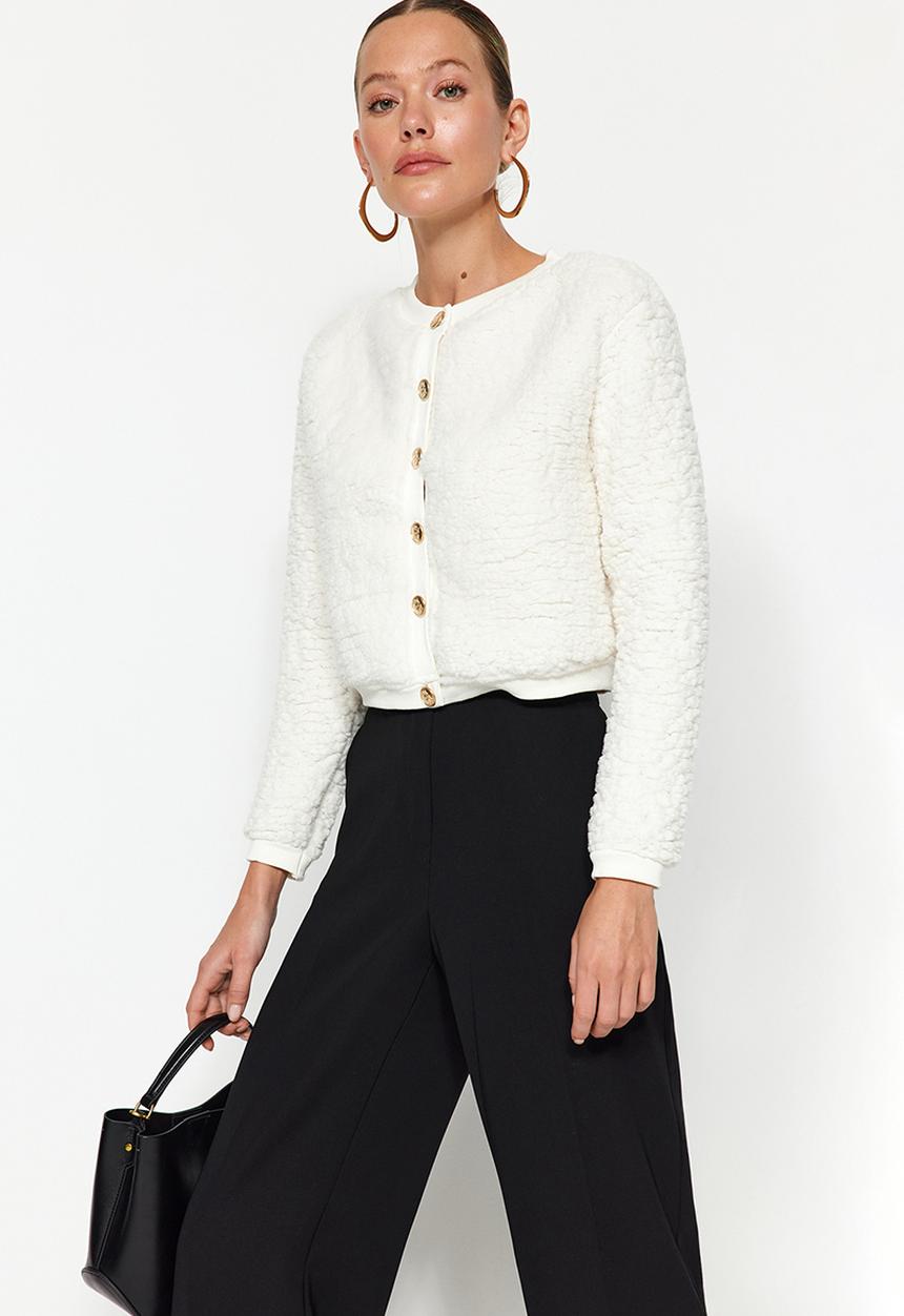 Trendyol - Gold buttoned plush crop cardigan - ecru 