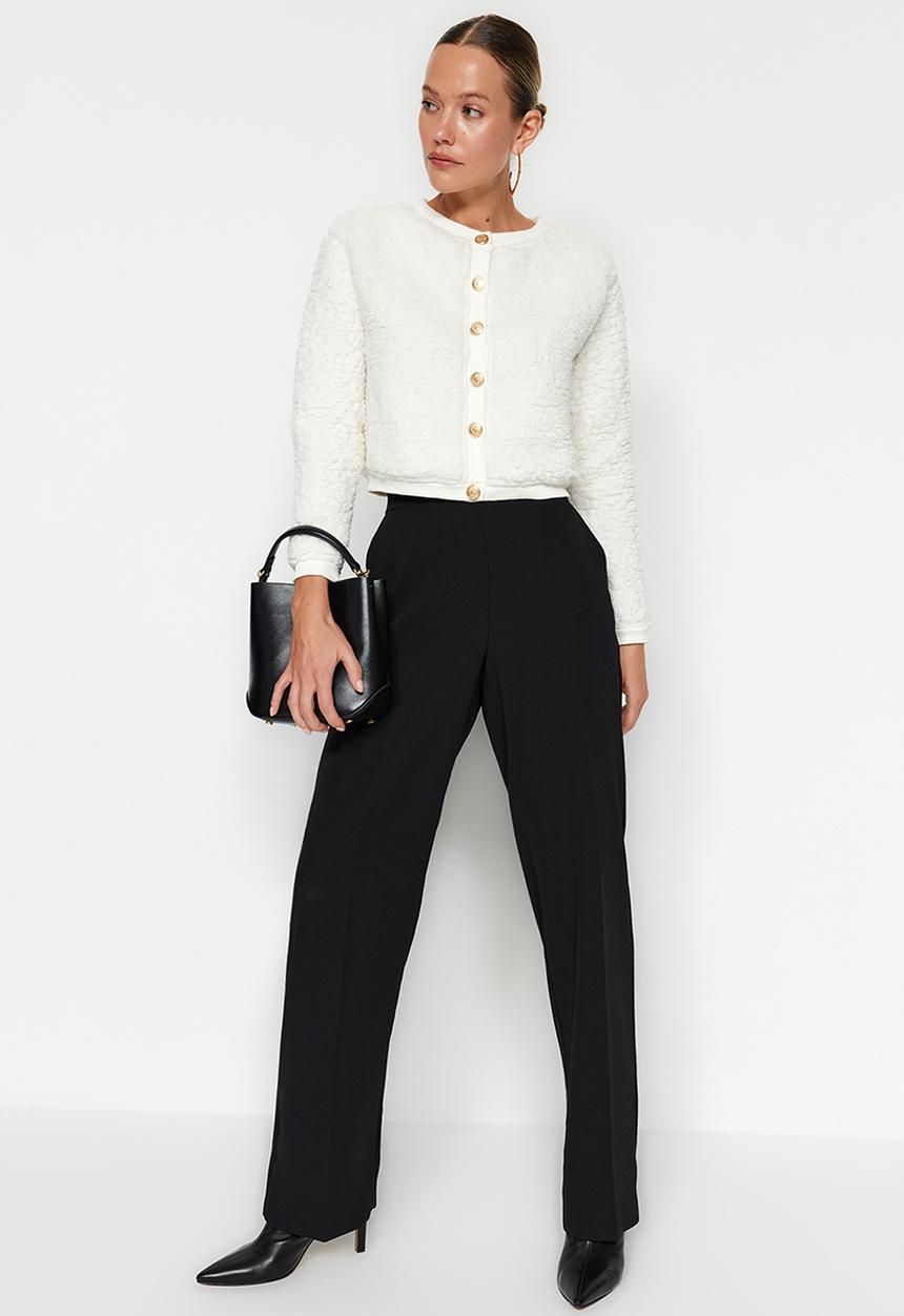 Trendyol - Gold buttoned plush crop cardigan - ecru 