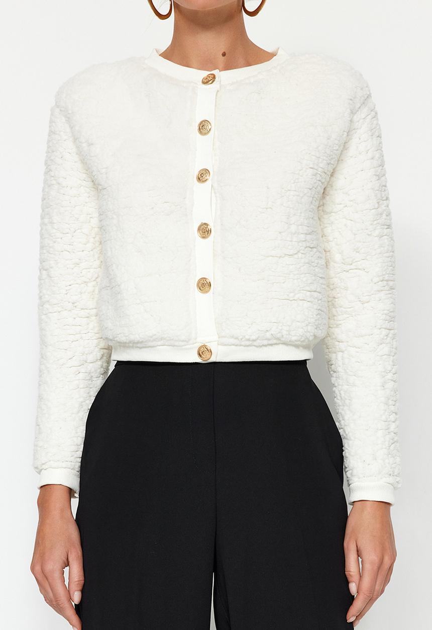 Trendyol - Gold buttoned plush crop cardigan - ecru 