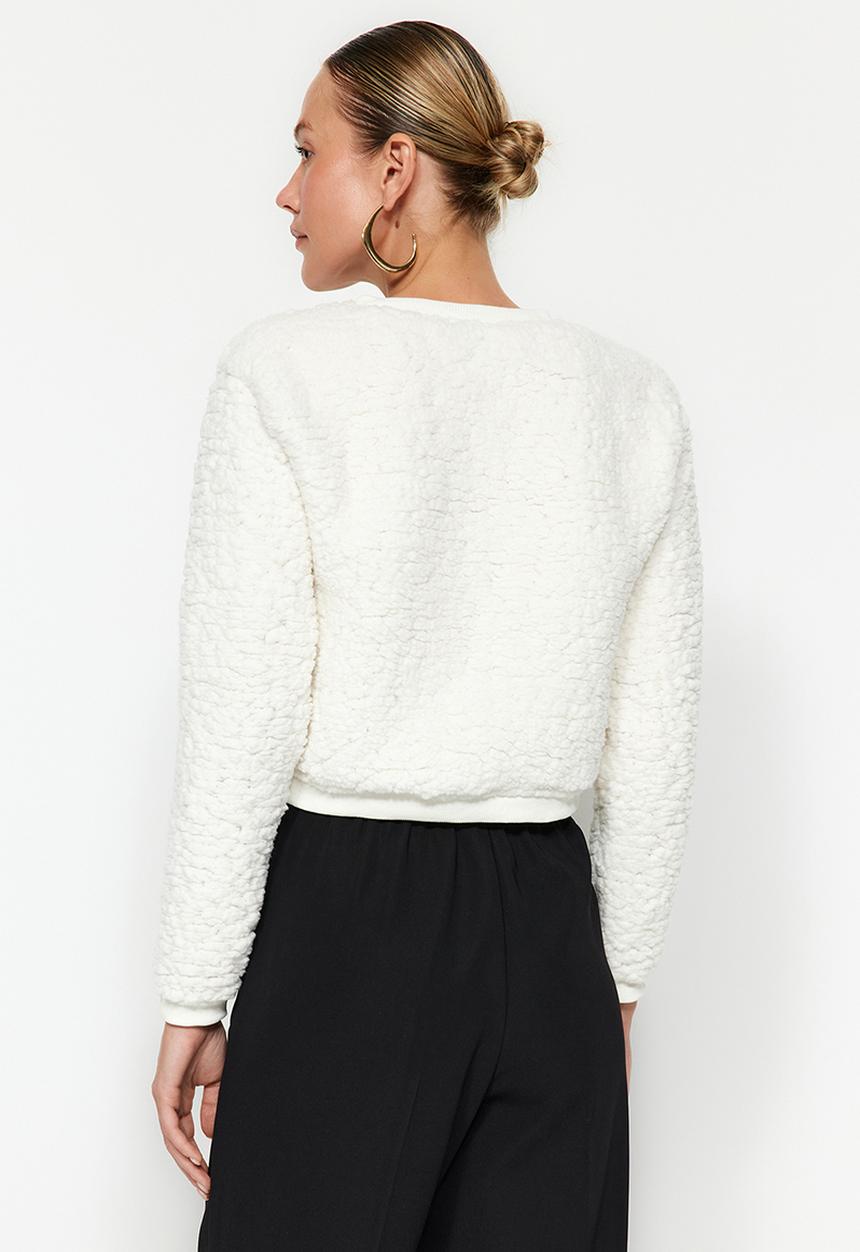 Trendyol - Gold buttoned plush crop cardigan - ecru 