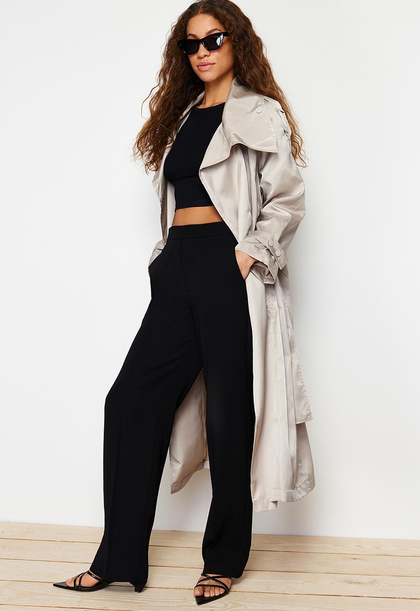 Trendyol - Oversize Wide-Cut Collar Button Shiny Belted Trench Coat - Beige 