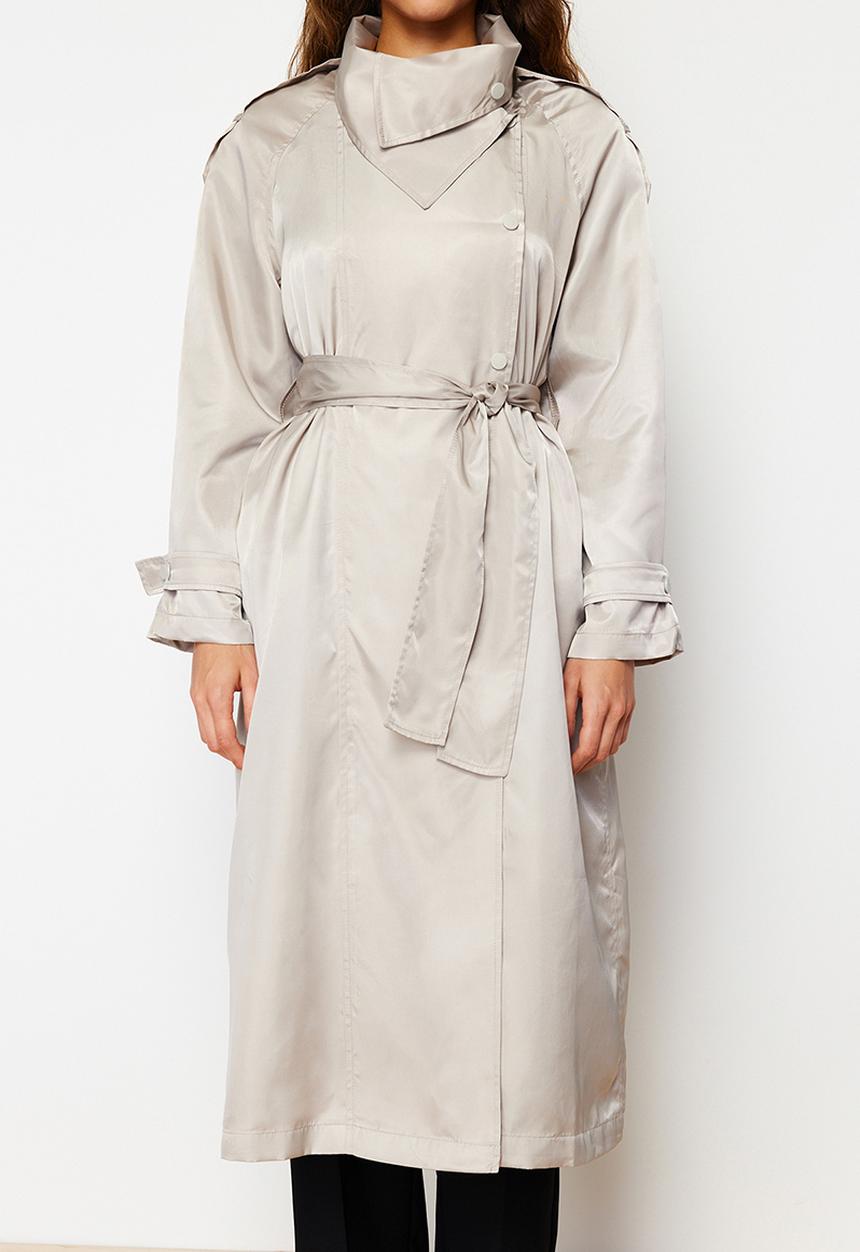 Trendyol - Oversize Wide-Cut Collar Button Shiny Belted Trench Coat - Beige 