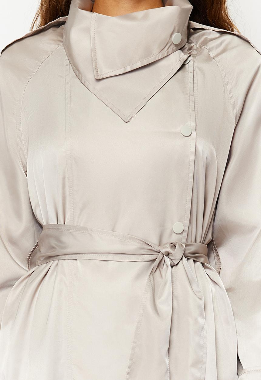 Trendyol - Oversize Wide-Cut Collar Button Shiny Belted Trench Coat - Beige 