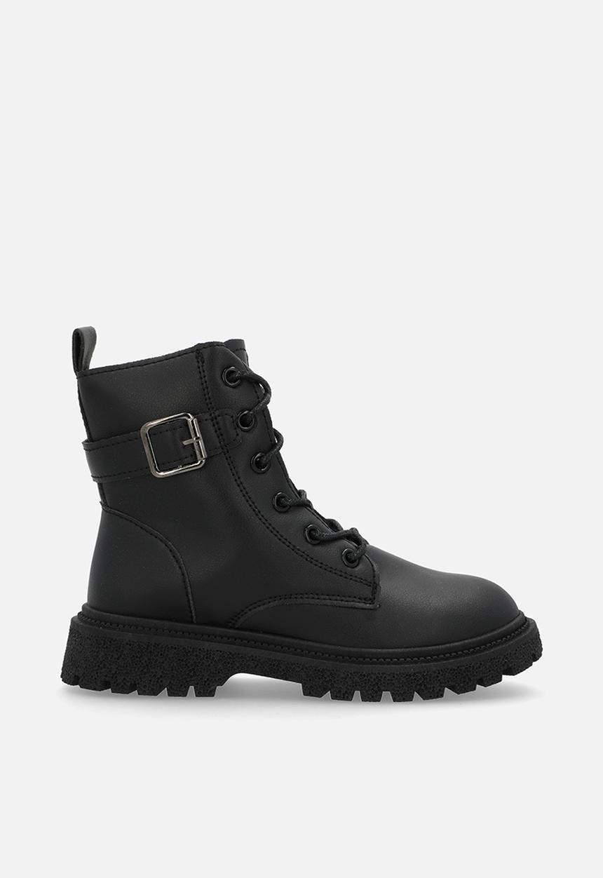 Pop Candy - Buckle strap lace up boots - black