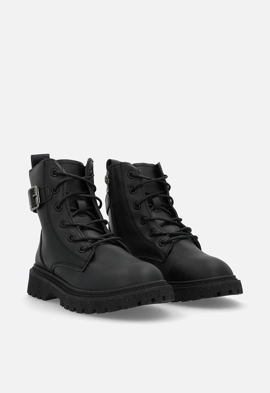 Pop Candy - Buckle strap lace up boots - black