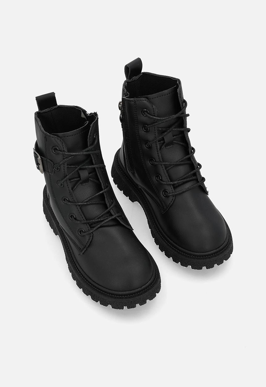 Pop Candy - Buckle strap lace up boots - black