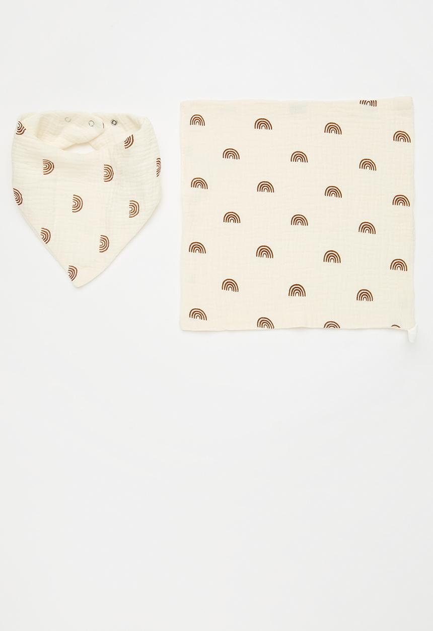 Pop Candy - Printed bib & face towel set - ecru & brown