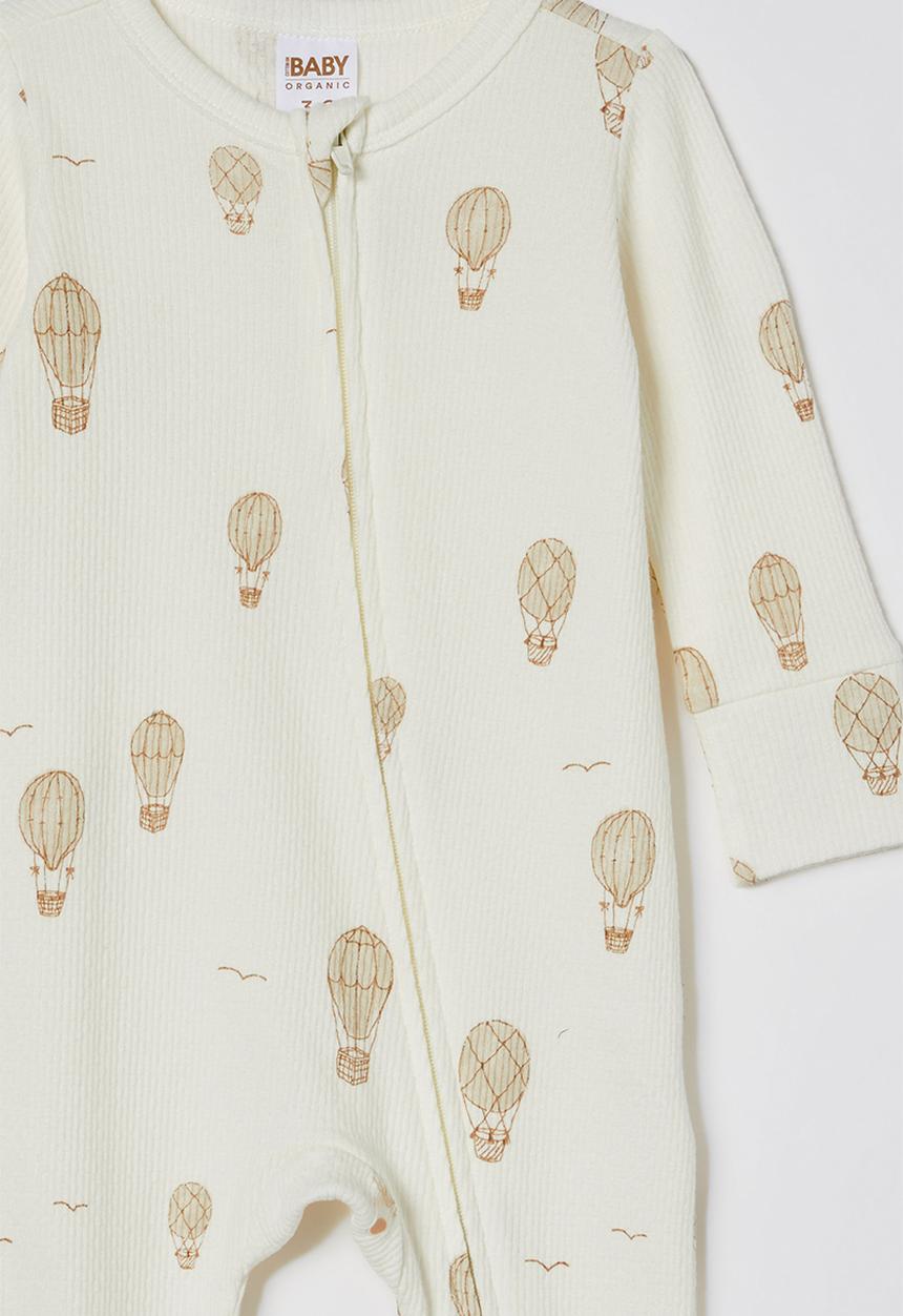 Cotton On - Organic pointelle zip romper - milk/hot air balloons