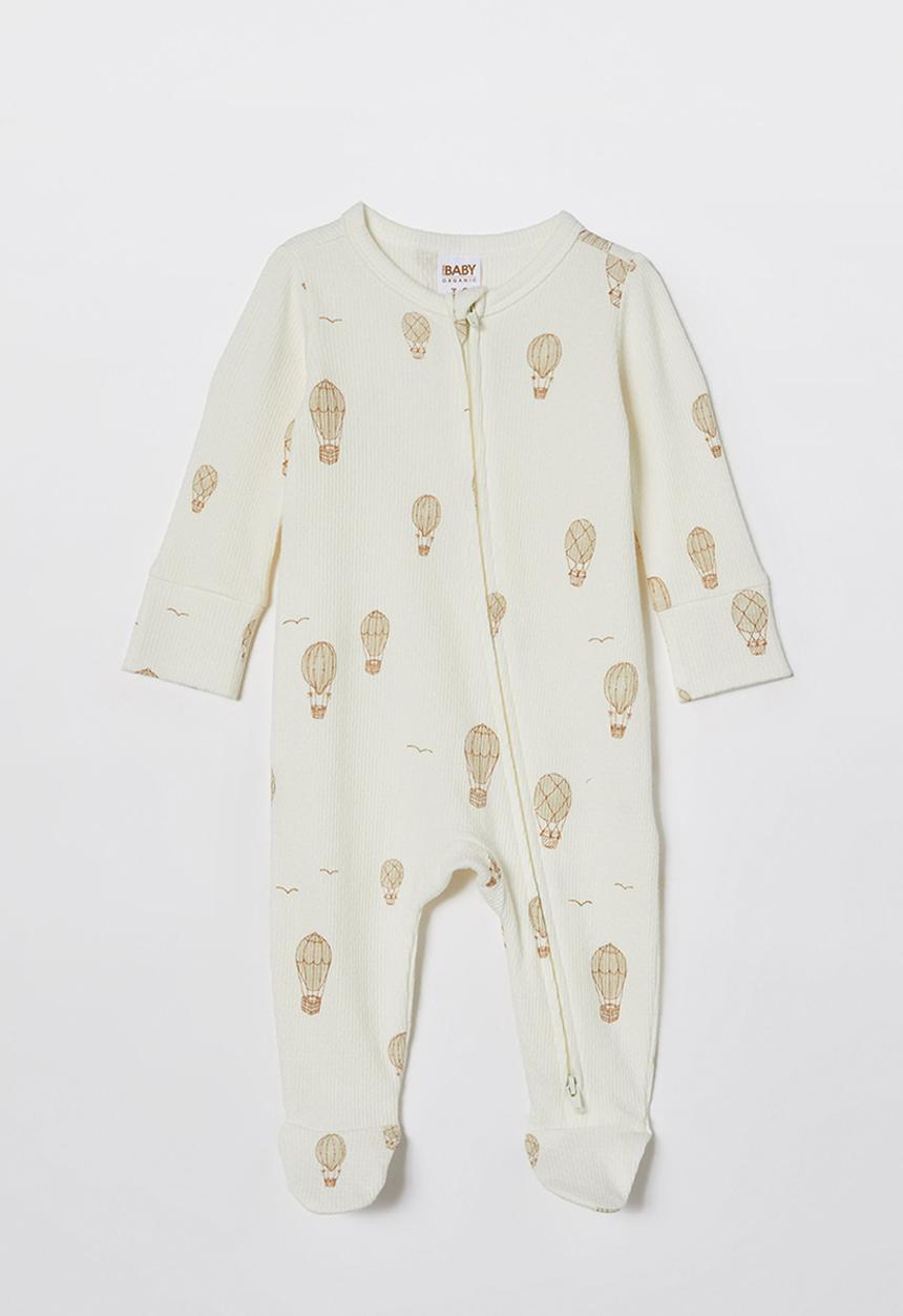 Cotton On - Organic pointelle zip romper - milk/hot air balloons