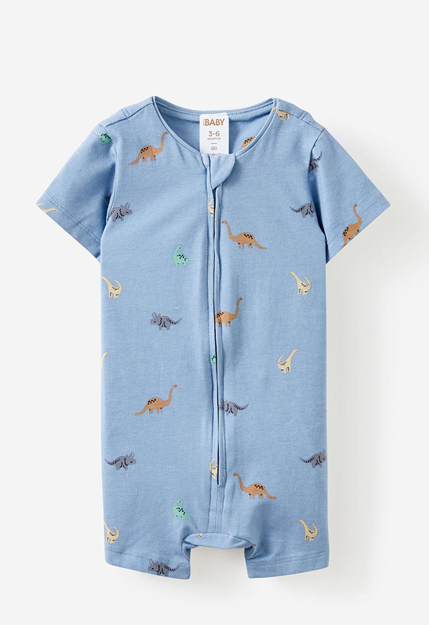Cotton On - The short sleeve zip romper - dusty blue/ditsy dino