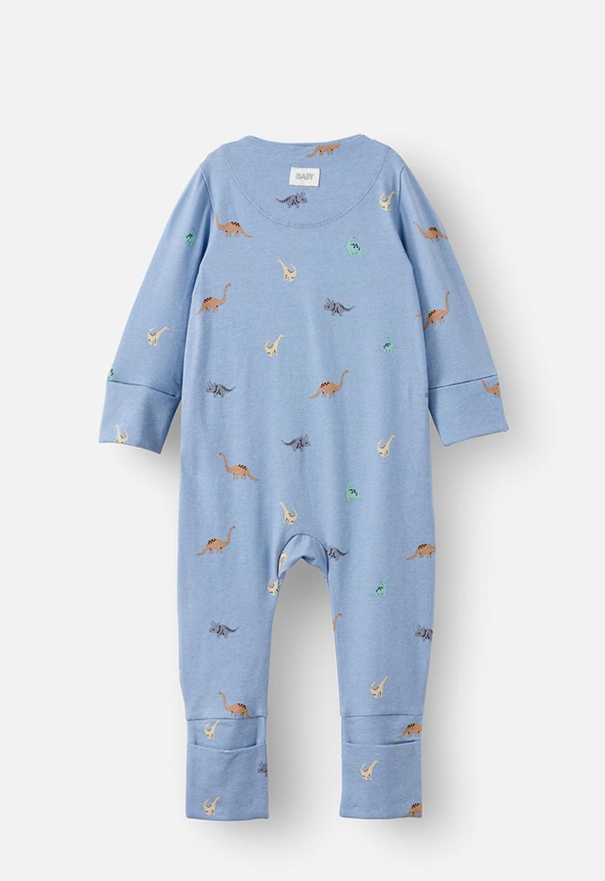 Cotton On - The billie long sleeve zip romper - dusty blue/ditsy dino